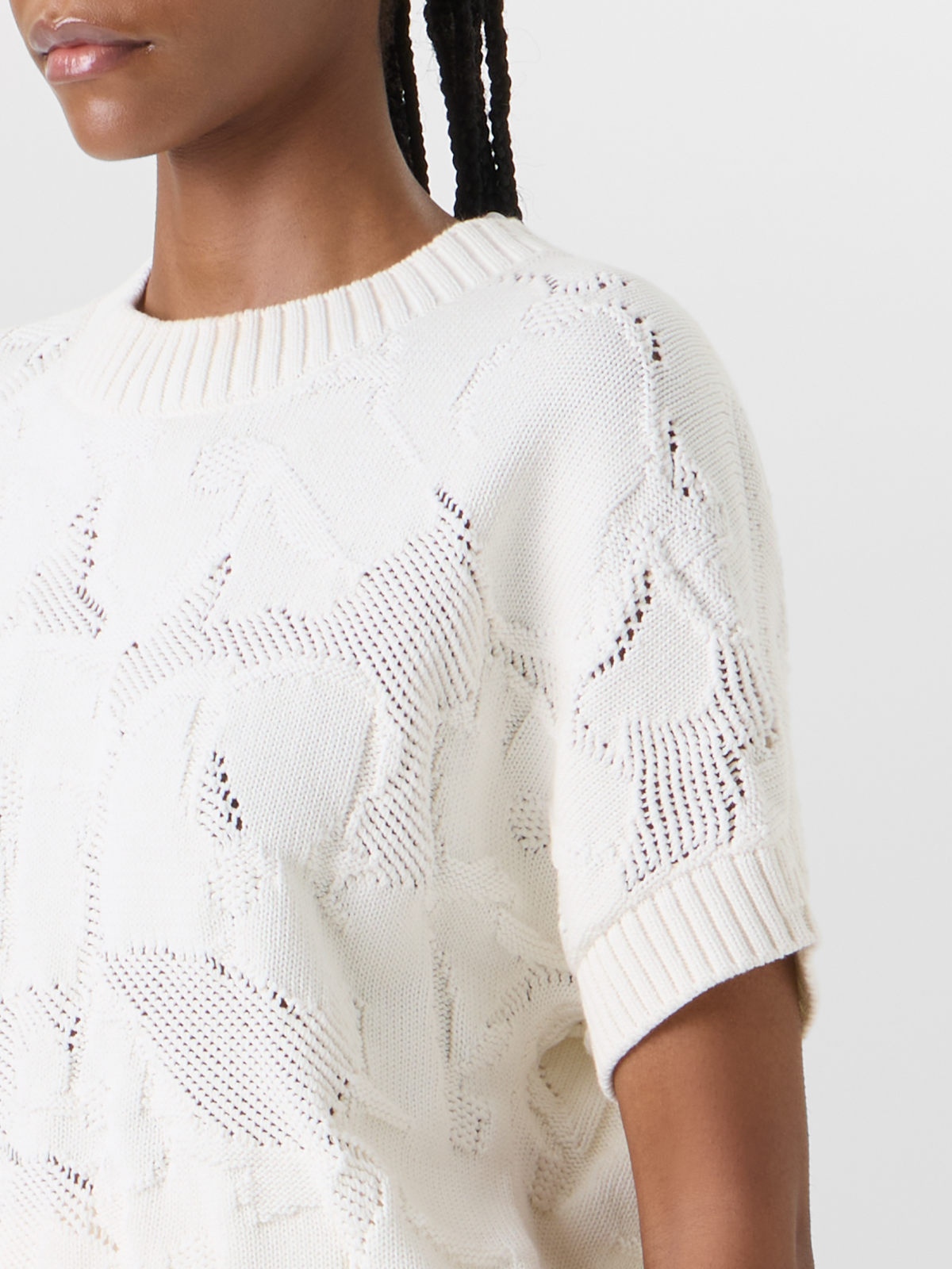 Designer Short-Sleeve Chunky Cotton Ajouré Knit Sweater - ecru #editorial