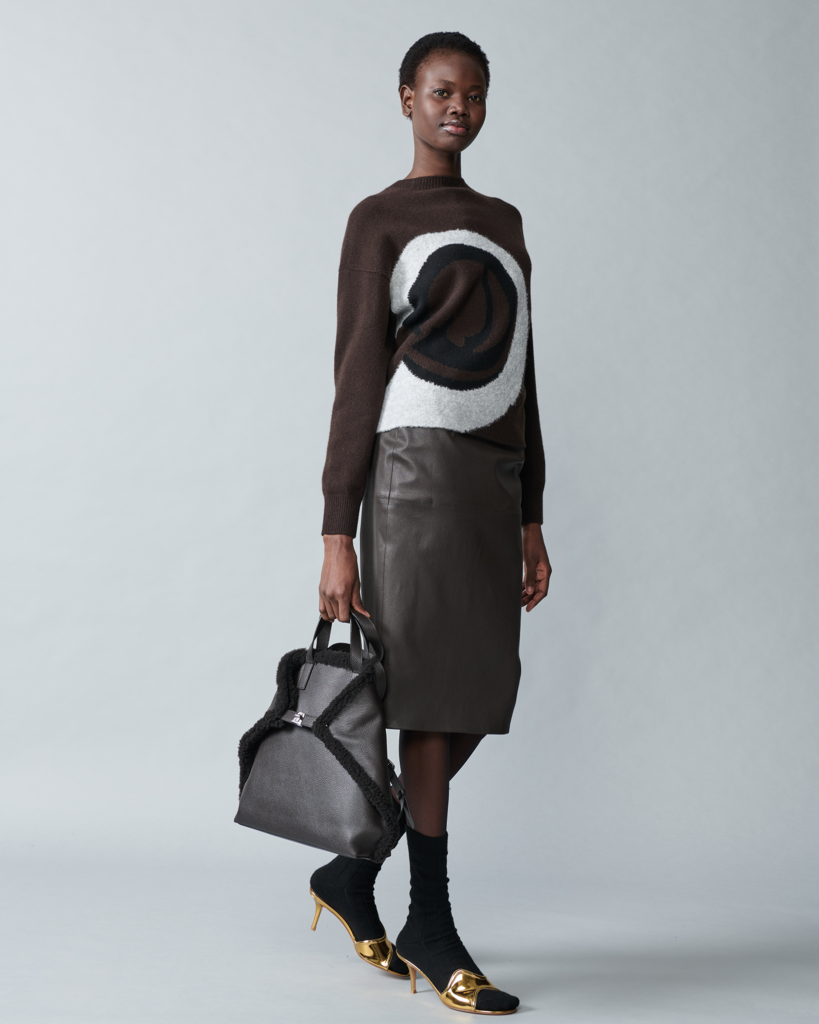 Designer Cashmere Silk Sweater with Bouclé Loop Design - brown - multicolor 