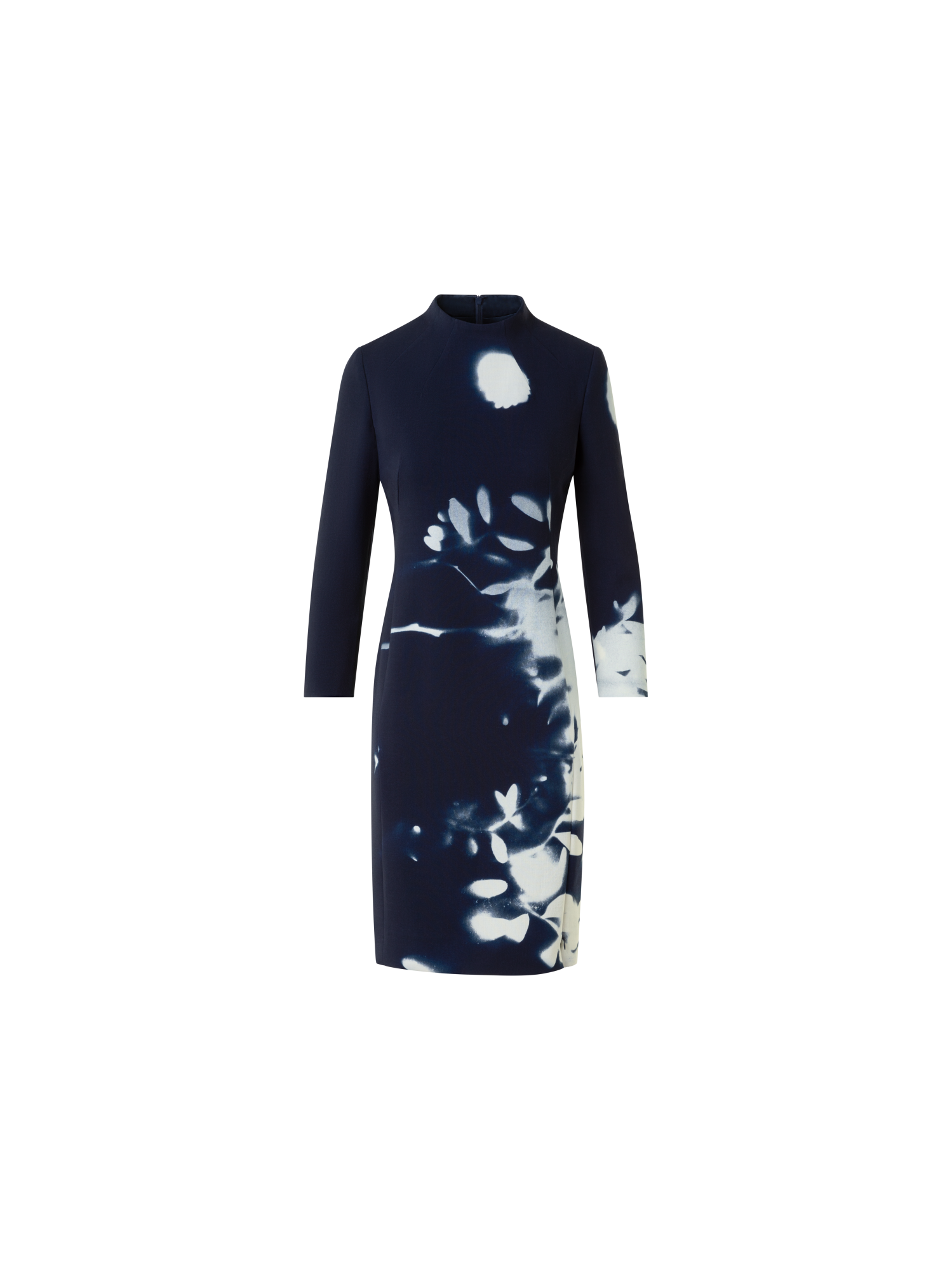 Designer Short Wool Mock Neck Dress in Wildflower Print - neutral - navy - blue - multicolor