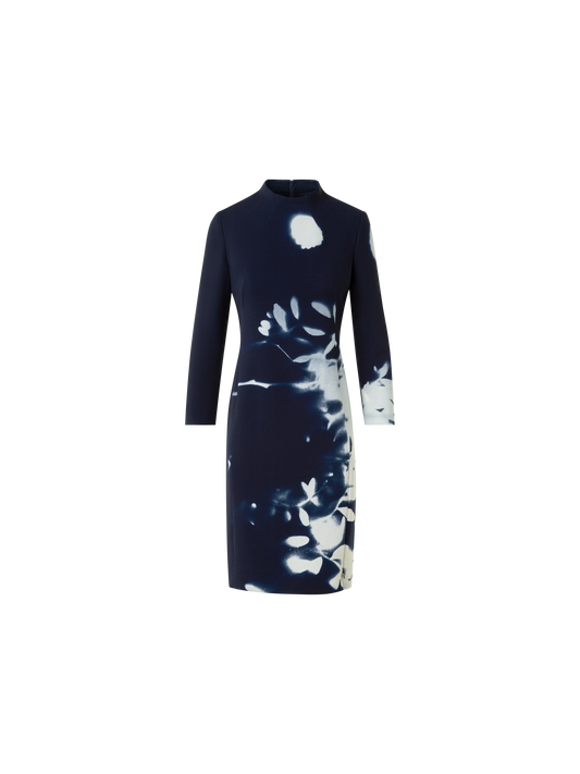 Designer Short Wool Mock Neck Dress in Wildflower Print - neutral - navy - blue - multicolor