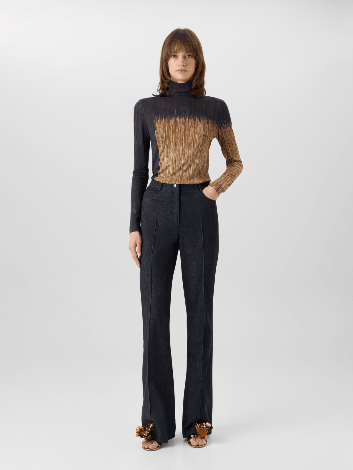 Designer Cashmere Silk Shirt in Oro Lienzo Print - multicolor - black - brown #editorial