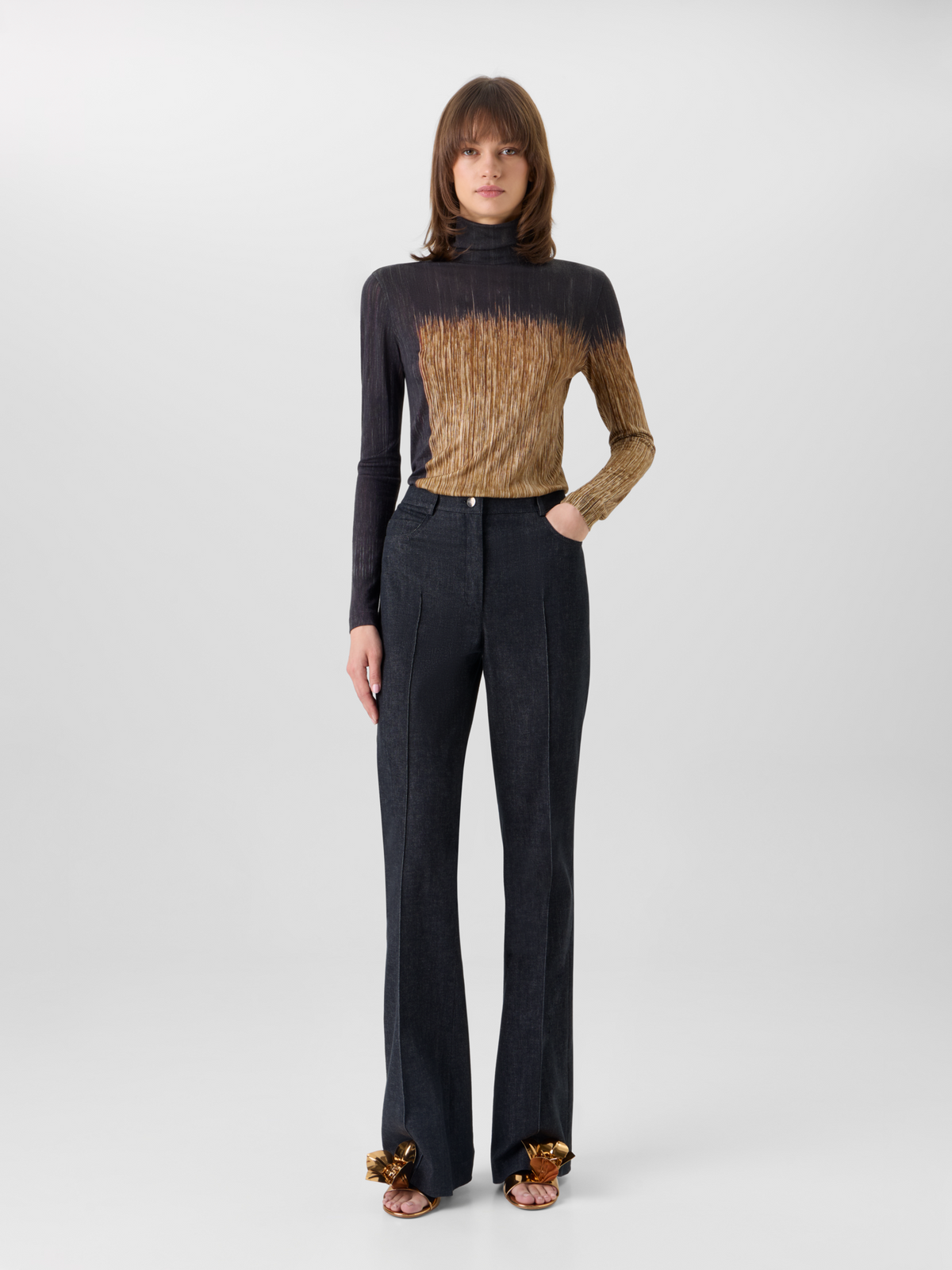 Designer Cashmere Silk Shirt in Oro Lienzo Print - multicolor - black - brown 