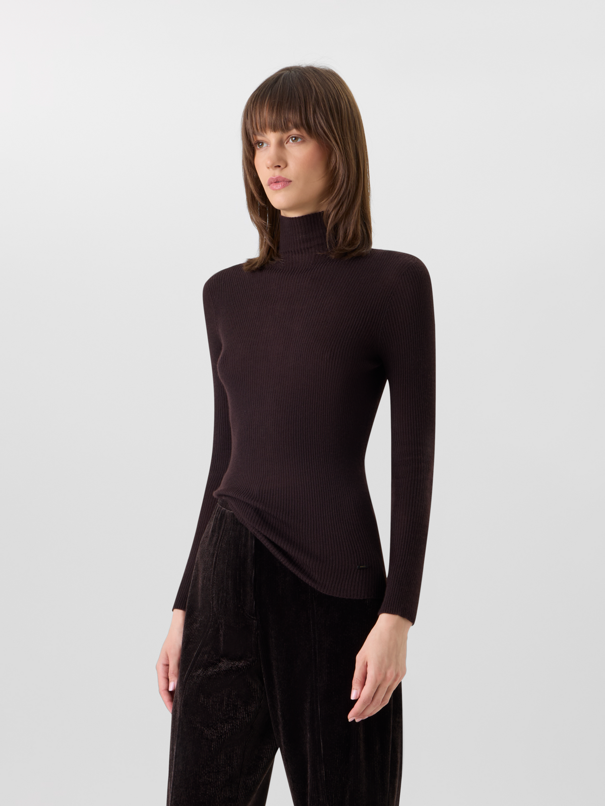 Designer Fine Rib Cashmere Silk Mock Neck Sweater - brown #editorial