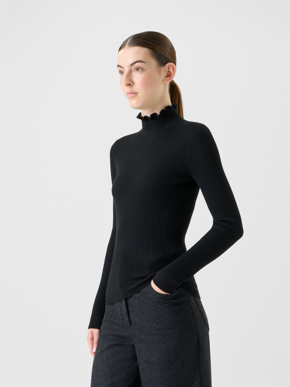 Designer Merino Wool Knit Ruffle Mock Neck Sweater - black - neutral #editorial