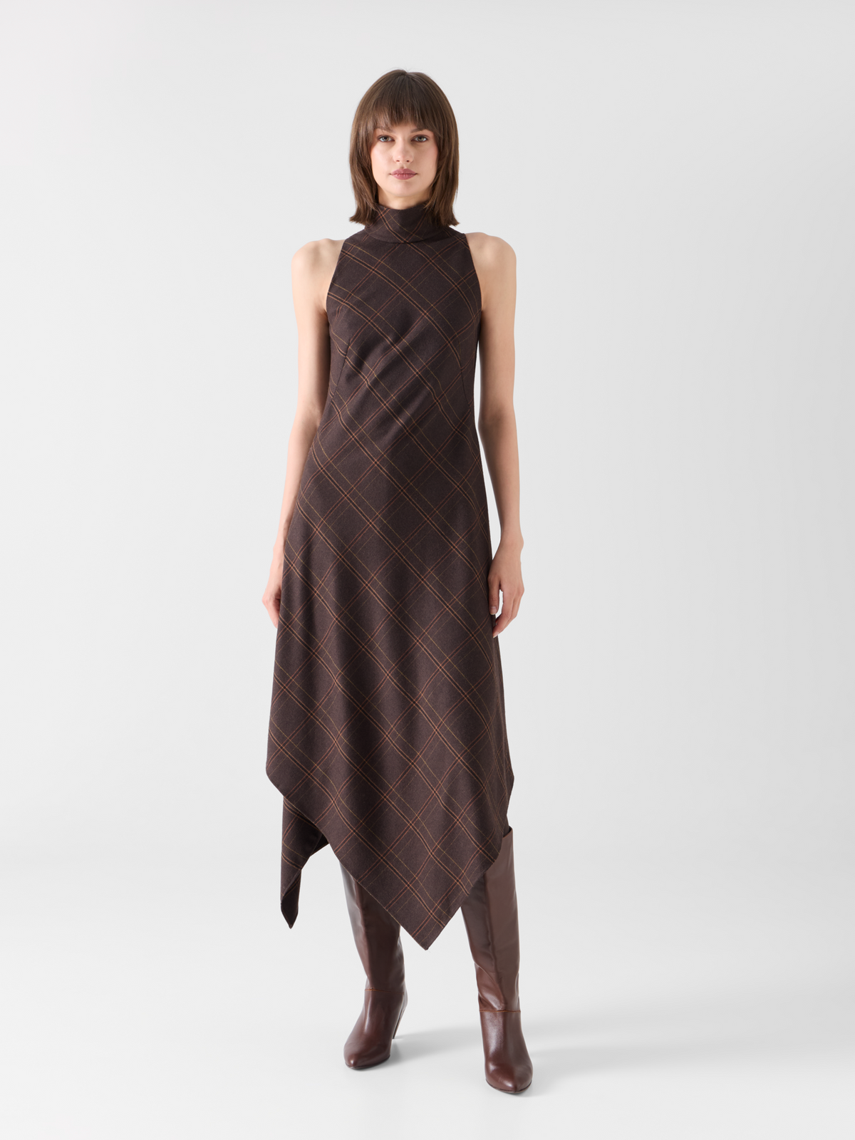 Designer Halter Midi Dress in Check Flannel - brown 