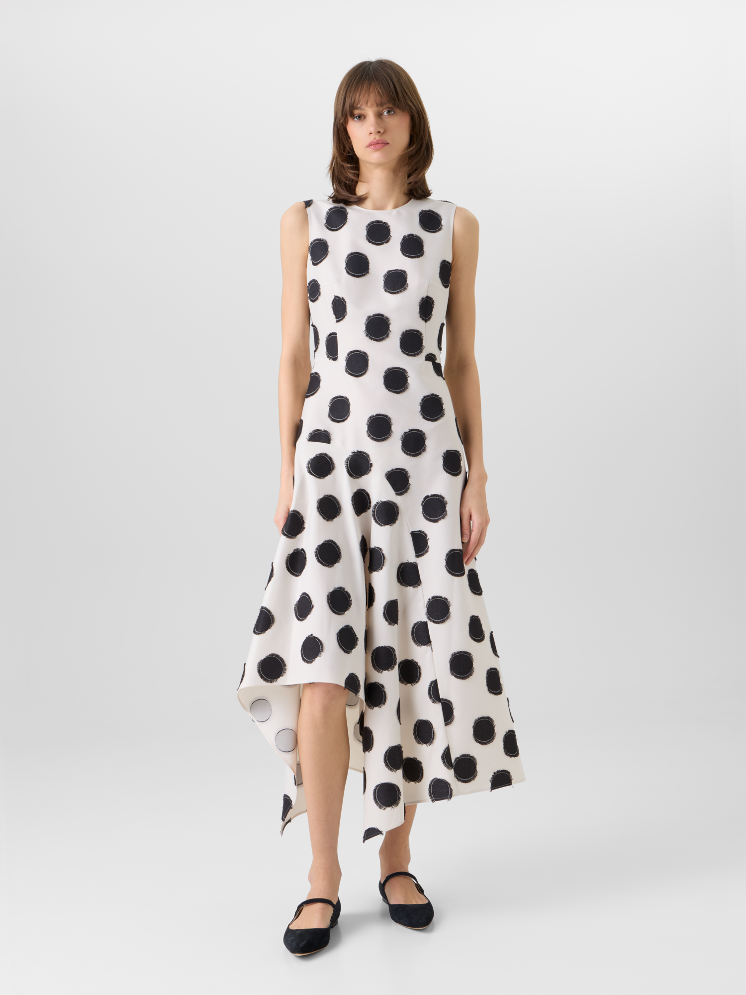 Designer Sleeveless Fringed Polka-Dot Midi Dress - white 