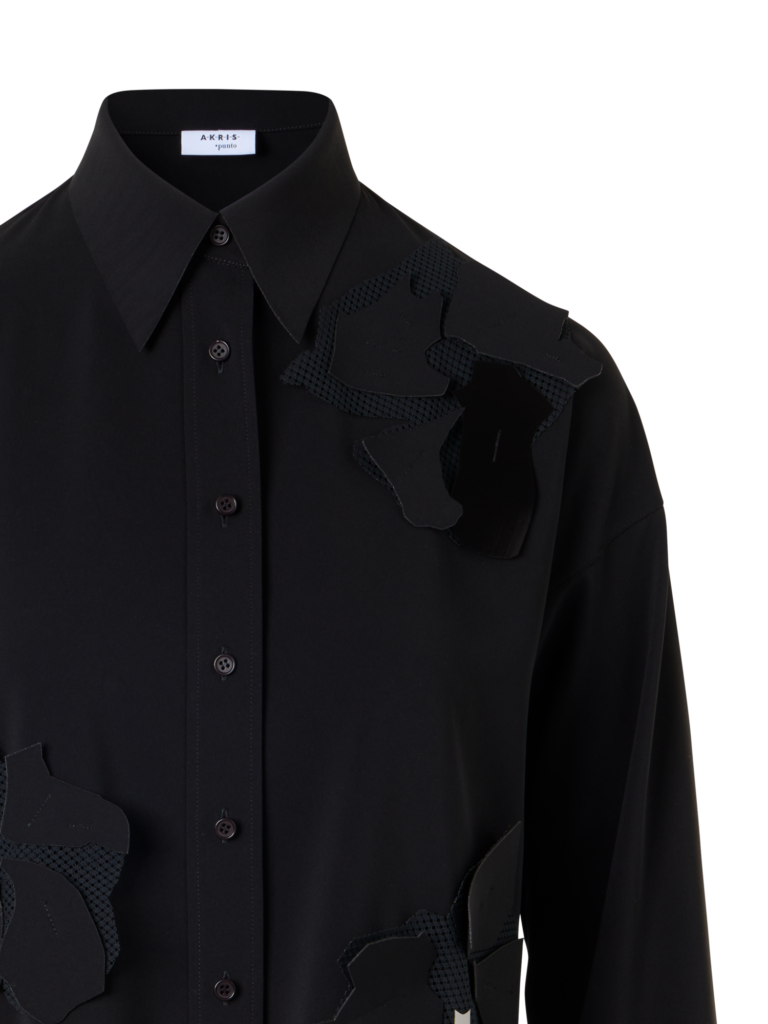 Designer Long-Sleeve Papercut Flower Blouse - black