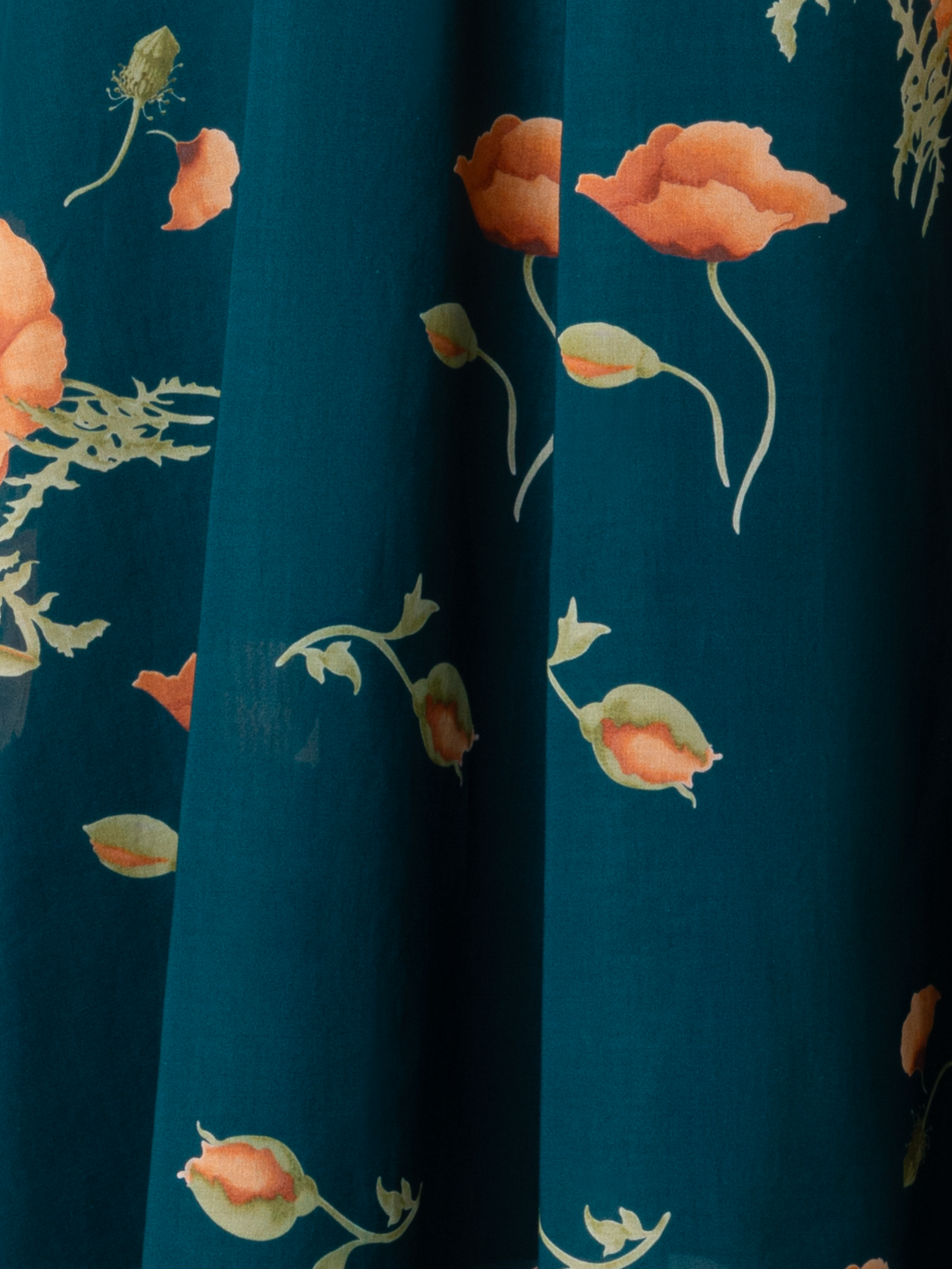 Designer Flared Cotton Midi Dress with Anemone Print  - green - multicolor