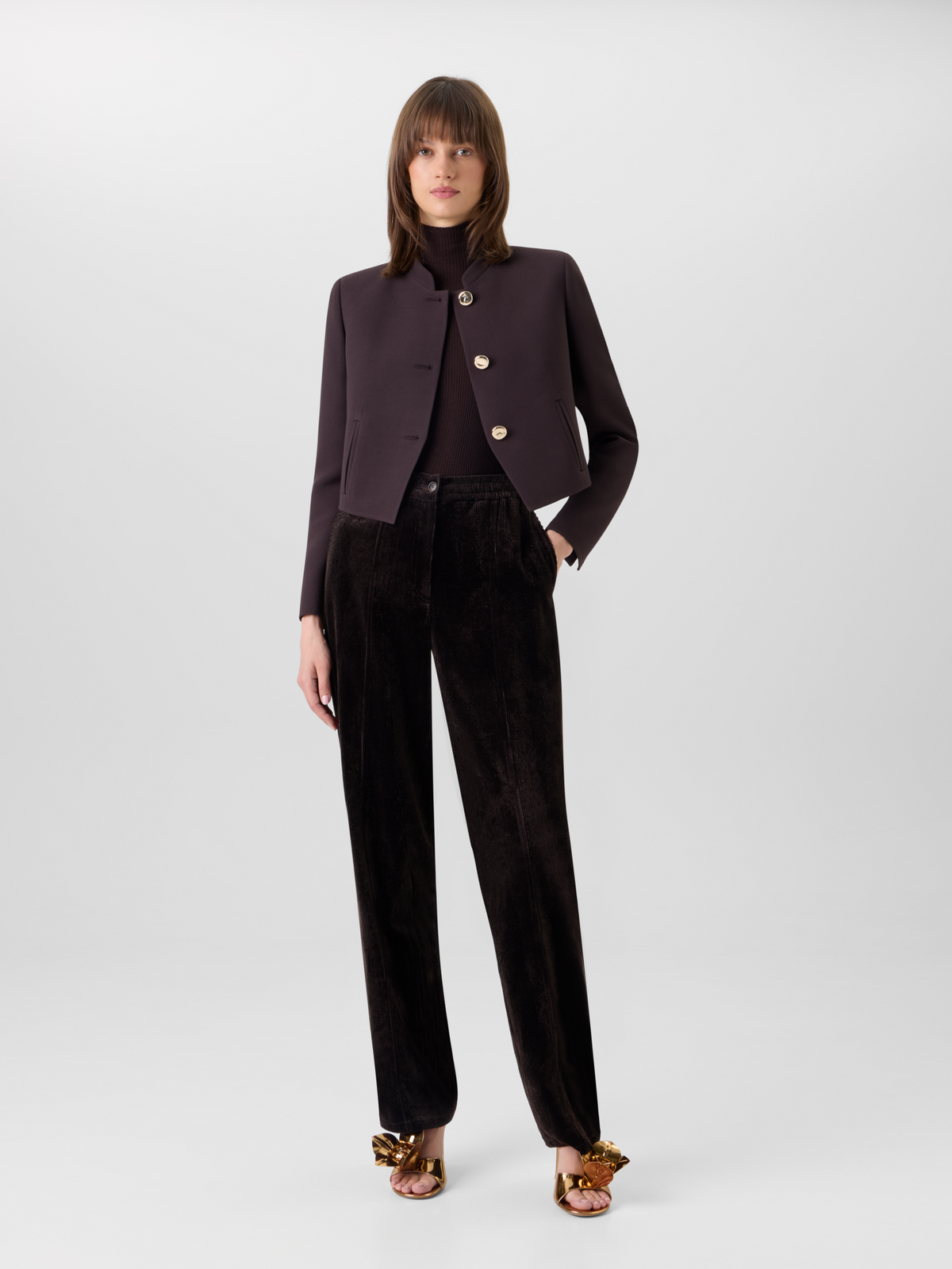 Designer Short Wool Double-Face Jacket with Gold Buttons - brown 