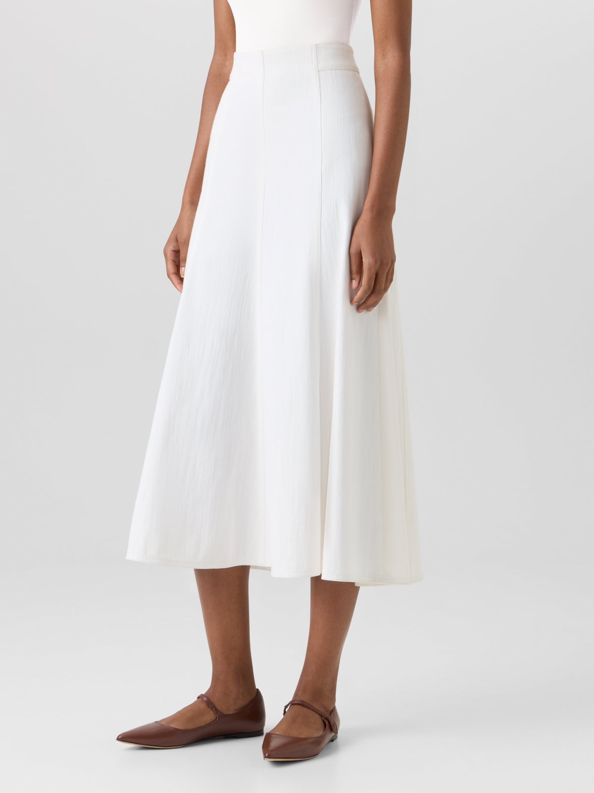Designer Flared Cotton-Stretch Denim Midi Skirt - white #editorial