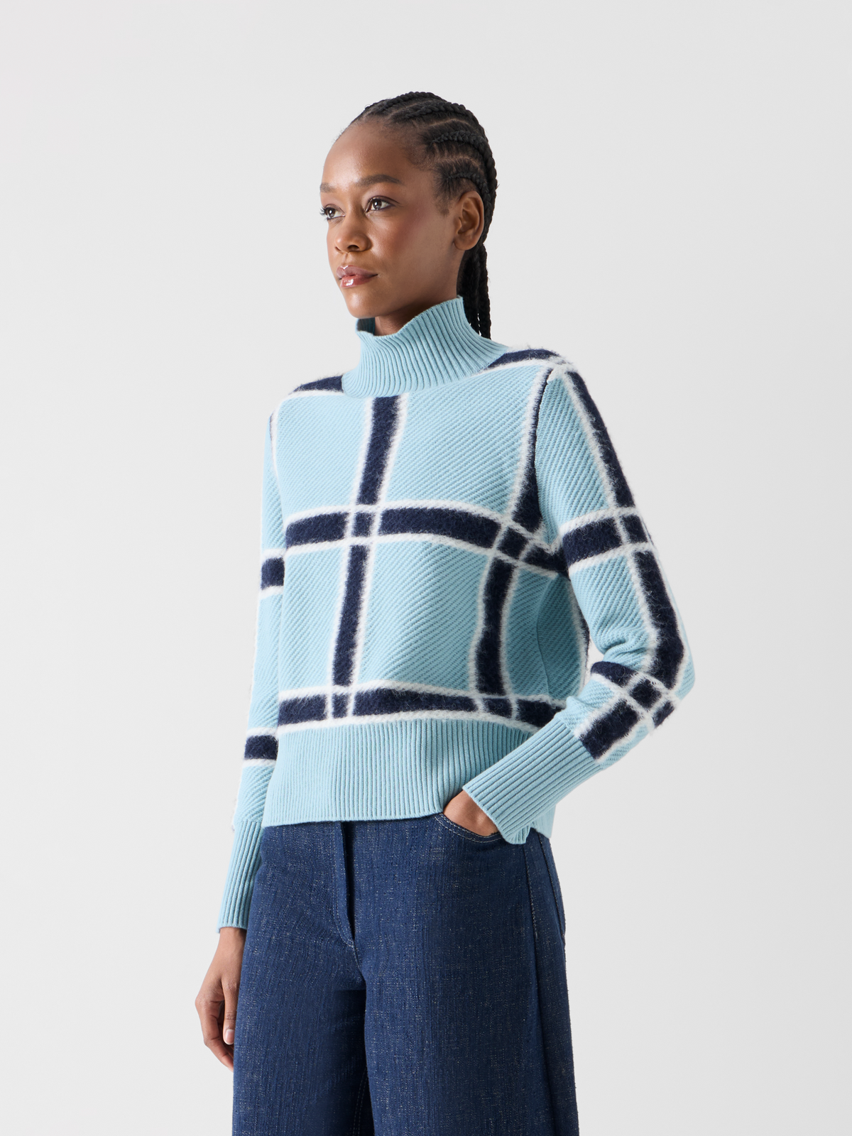 Designer Wool Cashmere Sweater with Intarsia Plaid - blue 