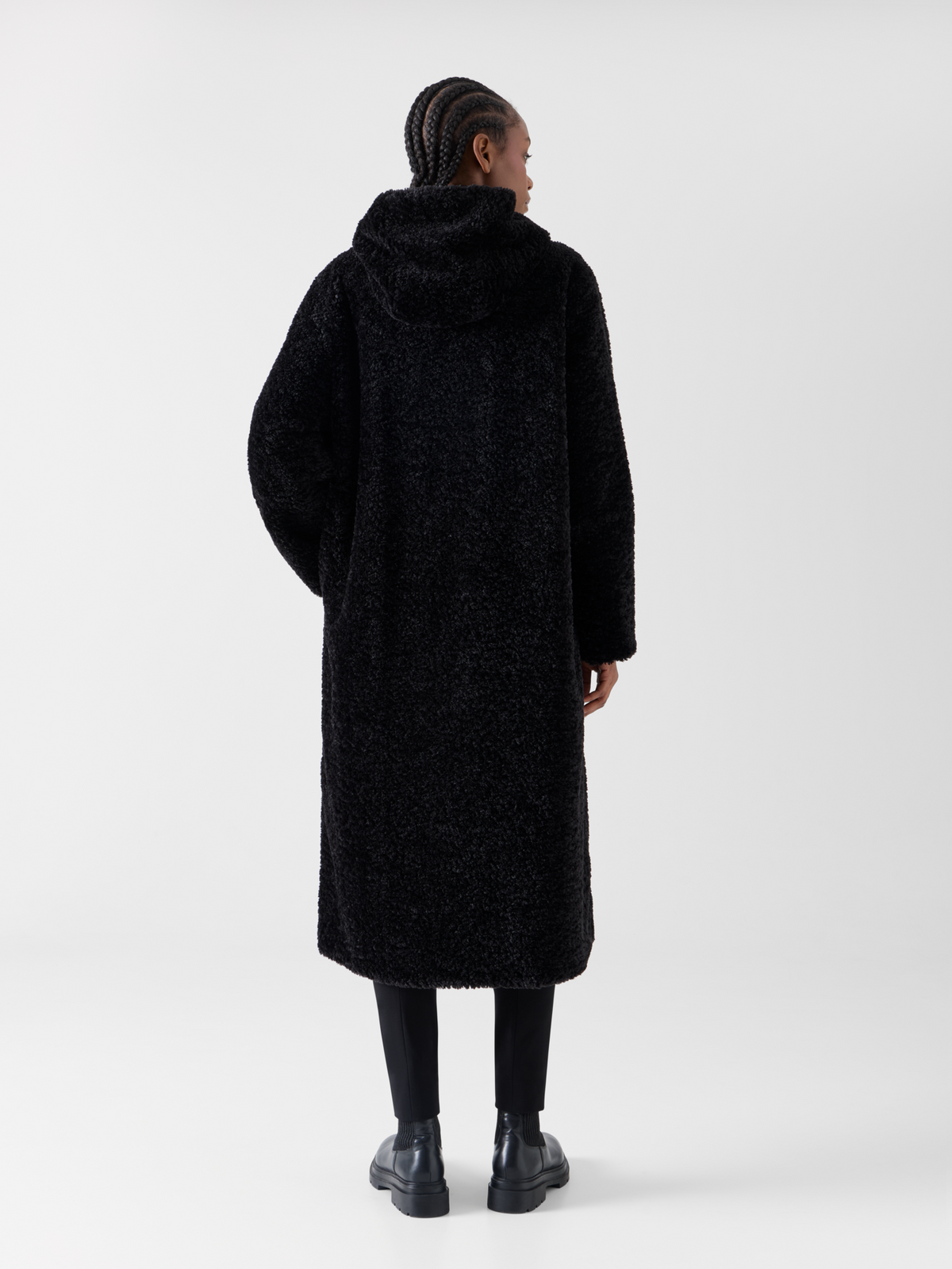 Designer Reversible Oversize Hooded Faux Fur Coat - black 