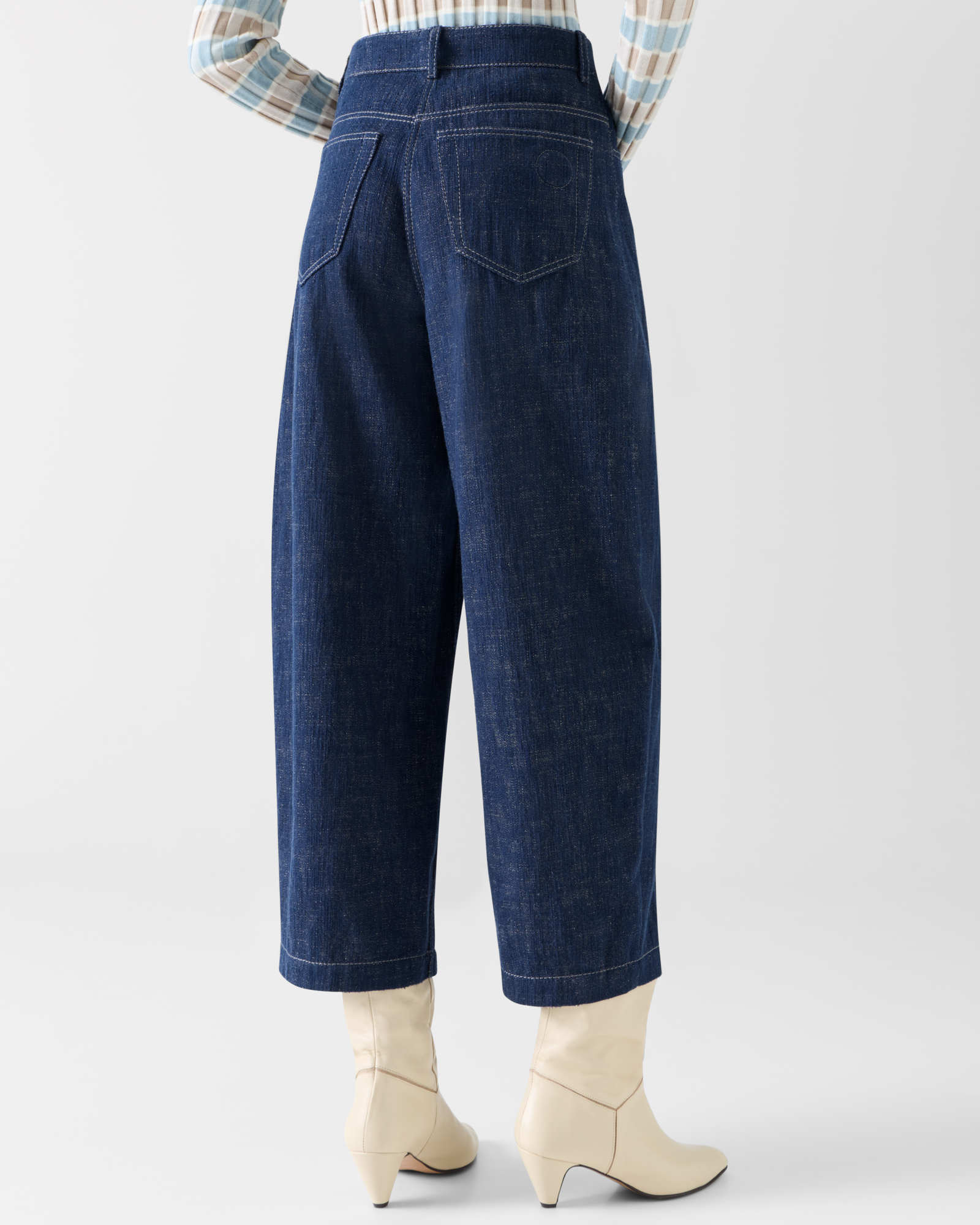 Designer Barrel Leg Pants in Brushed Winter Denim - navy 