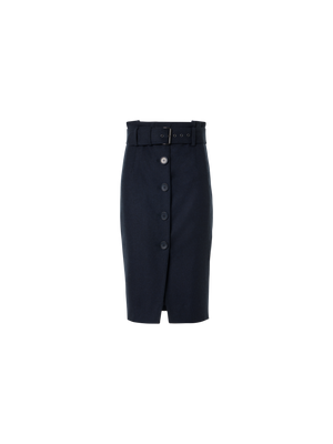 Designer High Waist Wool Flannel Pencil Skirt - navy