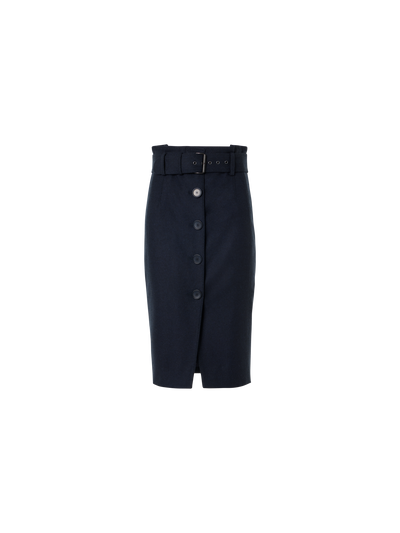 Designer High Waist Wool Flannel Pencil Skirt - navy