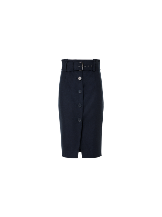 Designer High Waist Wool Flannel Pencil Skirt - navy