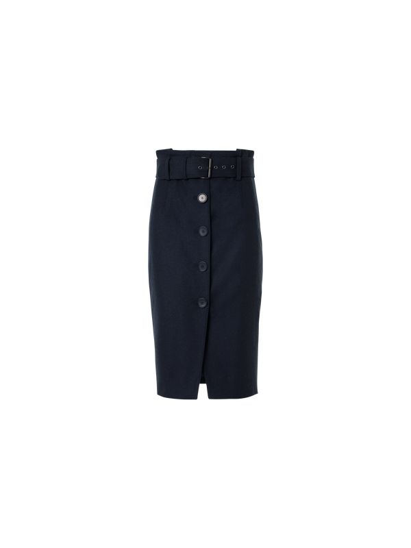 Designer High Waist Wool Flannel Pencil Skirt - navy
