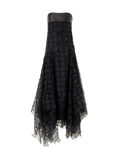 Designer Organza Trapezoid Embroidery Strapless Gown - black