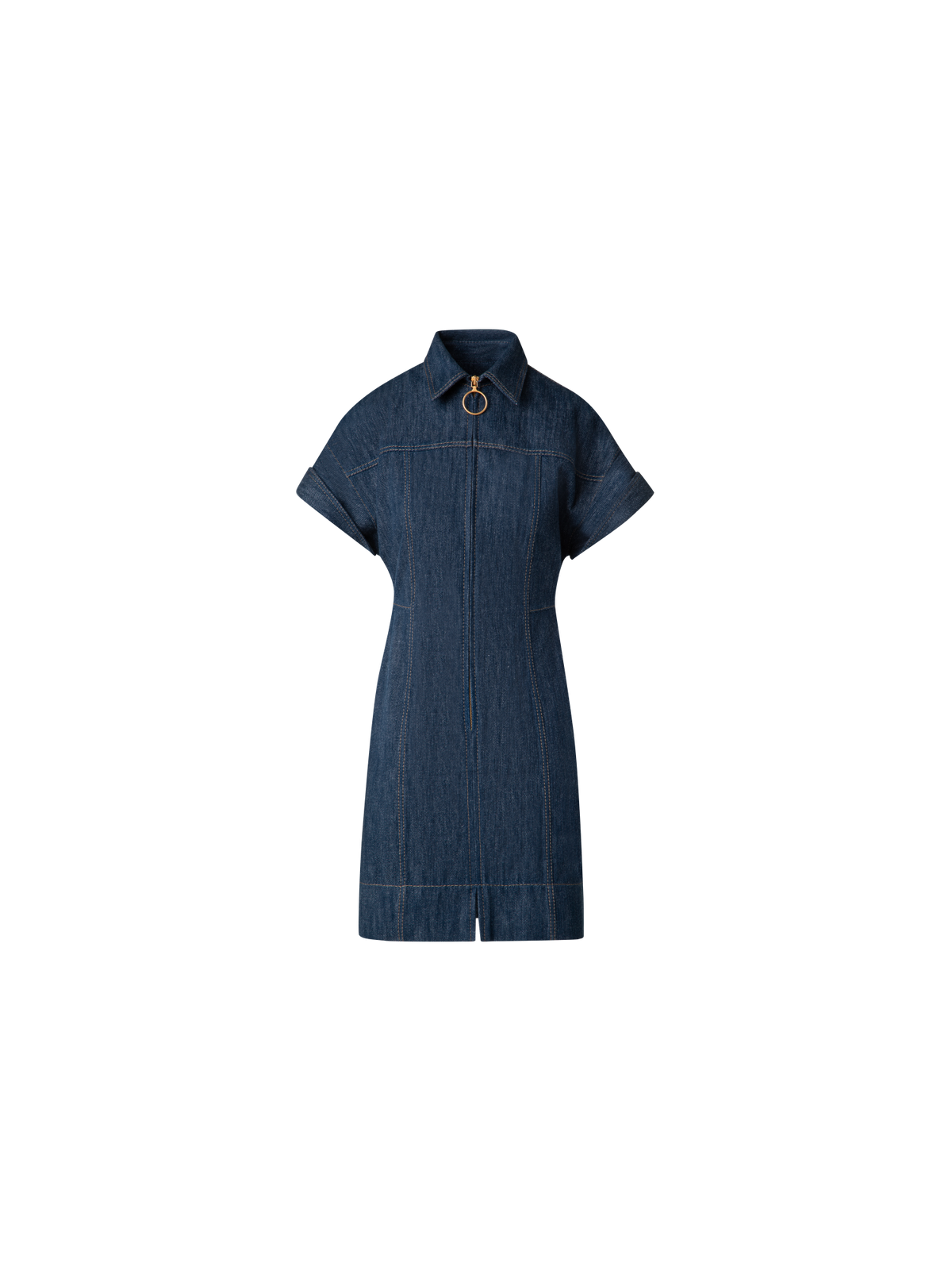 Designer Short Denim Dress with Polo Collar - navy - blue