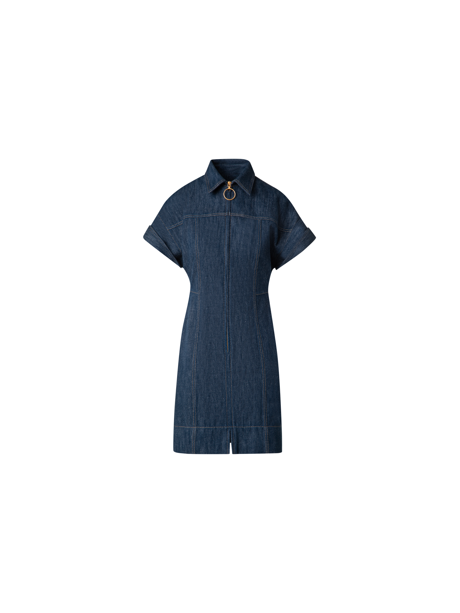 Designer Short Denim Dress with Polo Collar - navy - blue