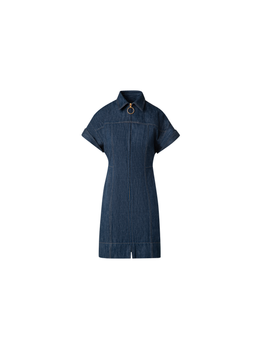 Designer Short Denim Dress with Polo Collar - navy - blue