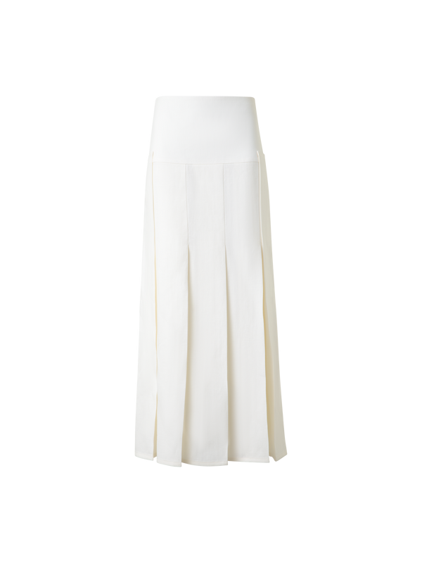 Designer Pleated Midi Skirt in Linen Wool Blend - neutral - ecru - white