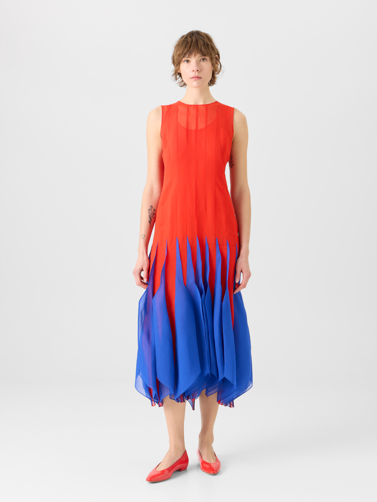 Designer Silk Midi Dress with High Plains Insets - multicolor - red #editorial