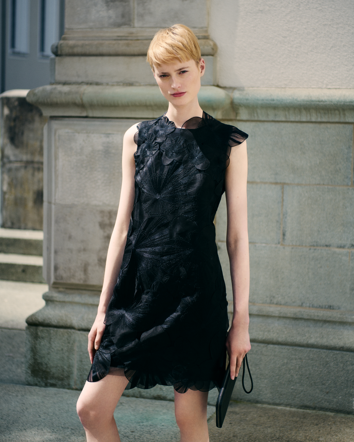 Designer Short Sheath Dress with Poppy Embroidery - black #editorial