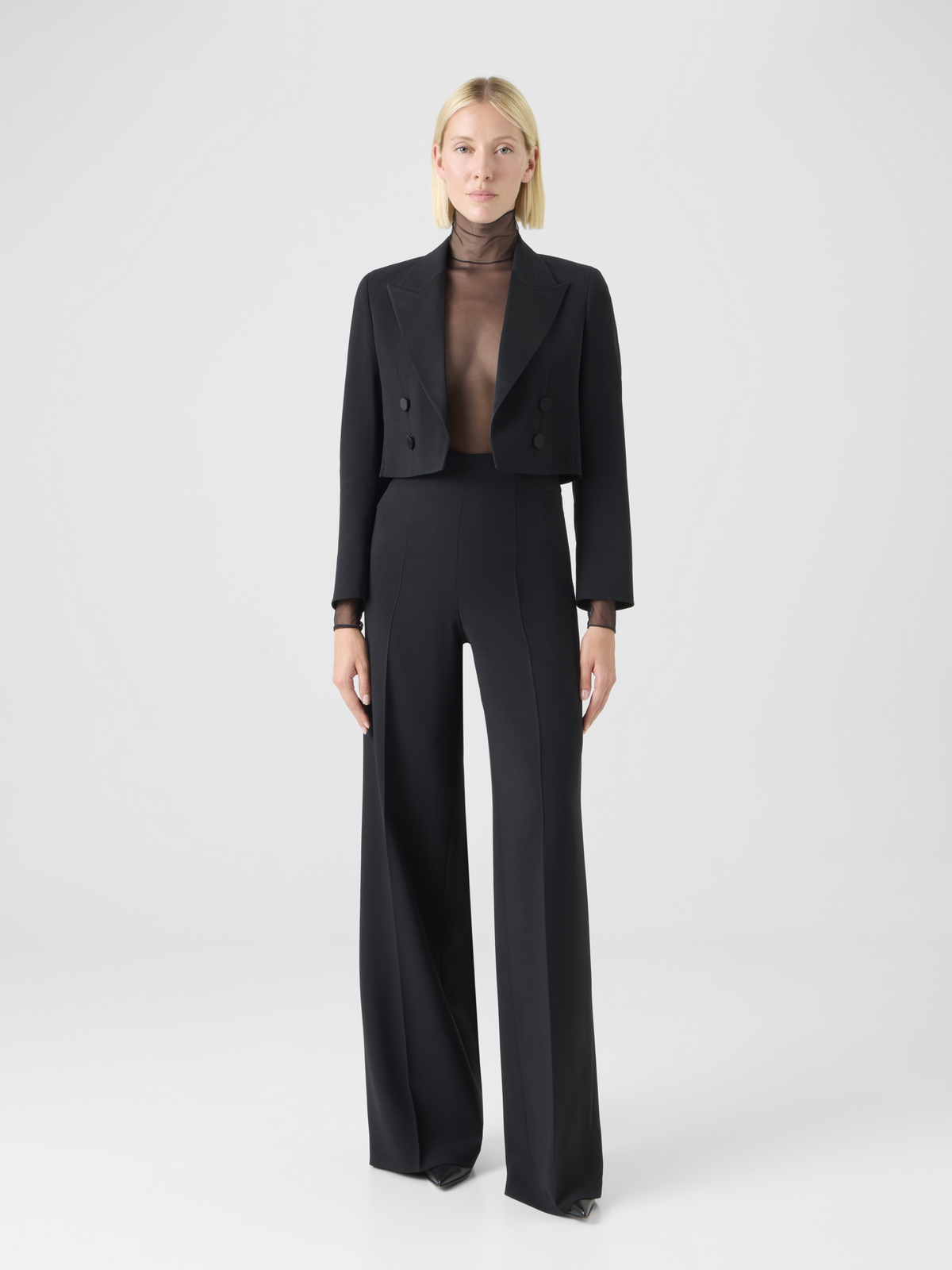 Designer Cropped Wool Double-Face Jacket with Satin Lapel - black #editorial