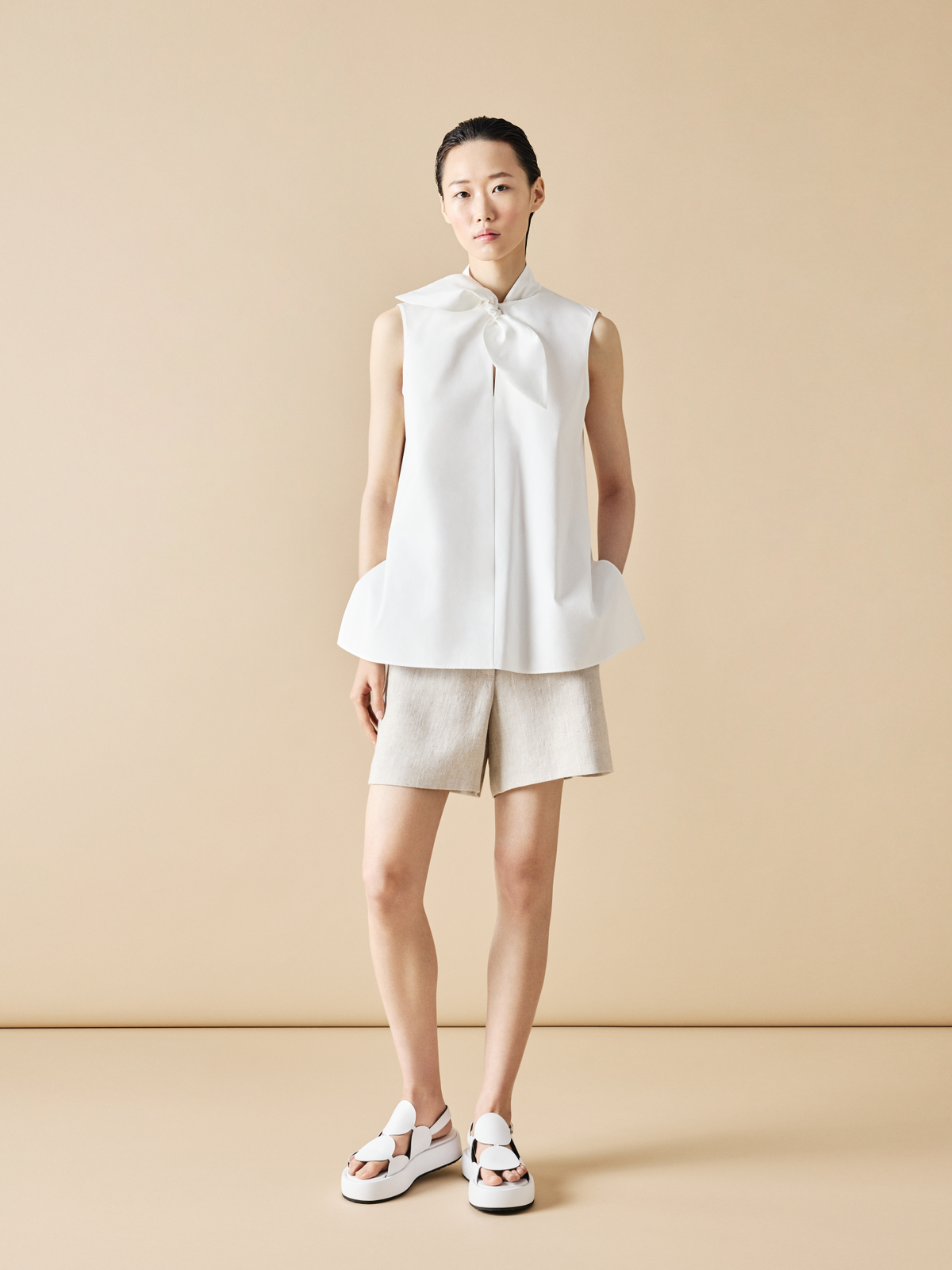 Designer Sleeveless Cotton Tie Knot Blouse - neutral - ecru - white #editorial