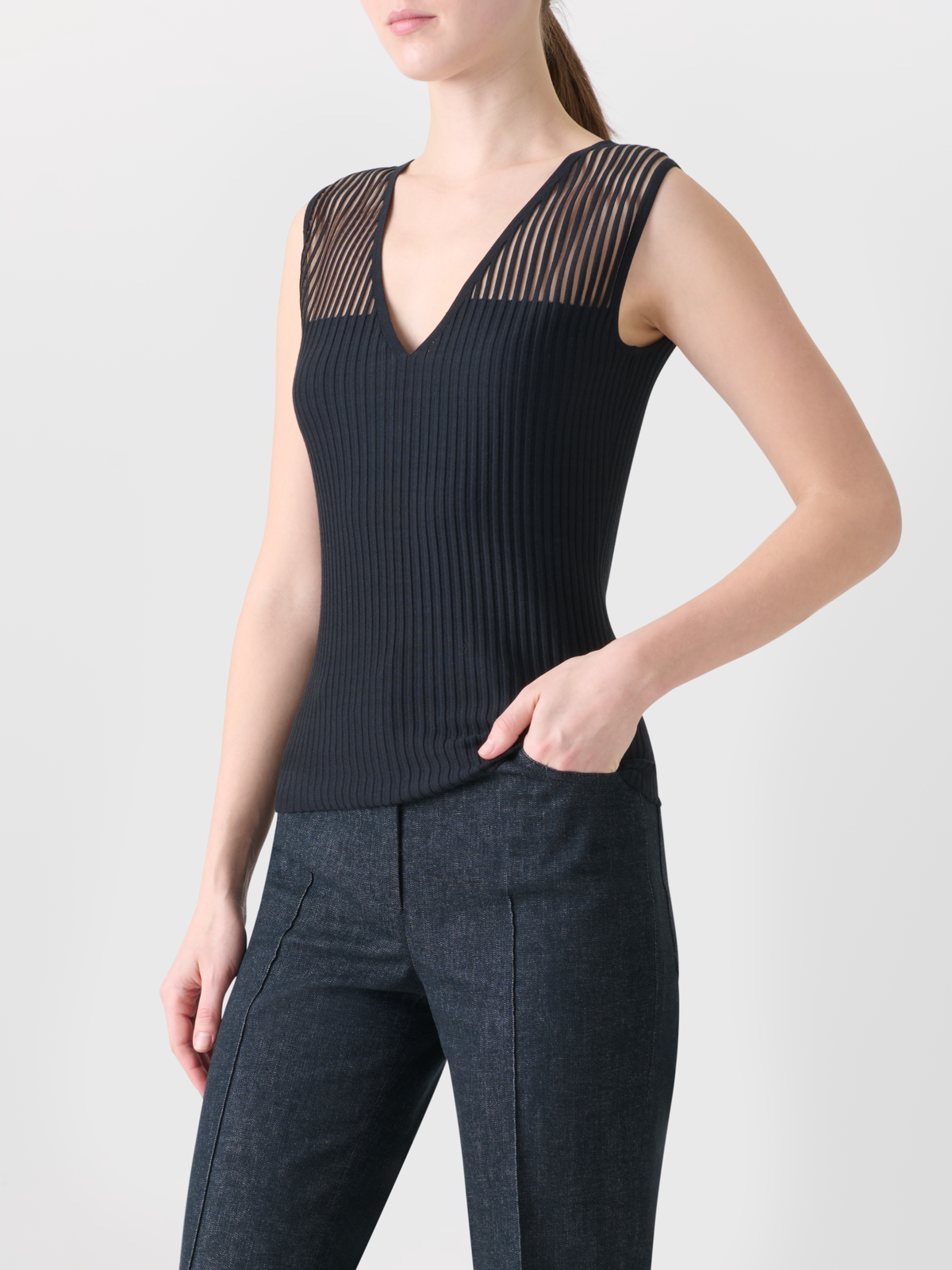 Designer Sleeveless Silk Cotton Top with Sheer Shoulder - black - neutral