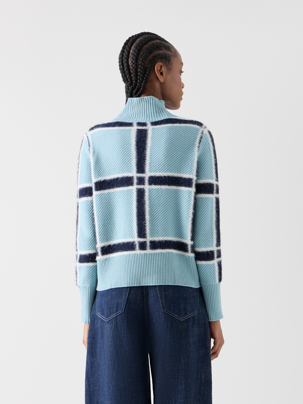 Designer Wool Cashmere Sweater with Intarsia Plaid - blue 