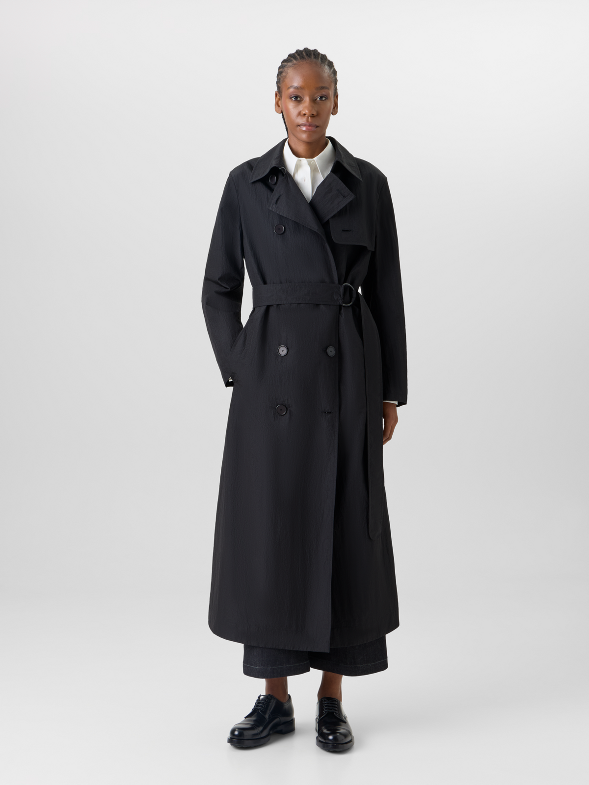 Designer Long-Sleeve Crinkled Parachute-Taffeta Long Trench Coat - black #editorial