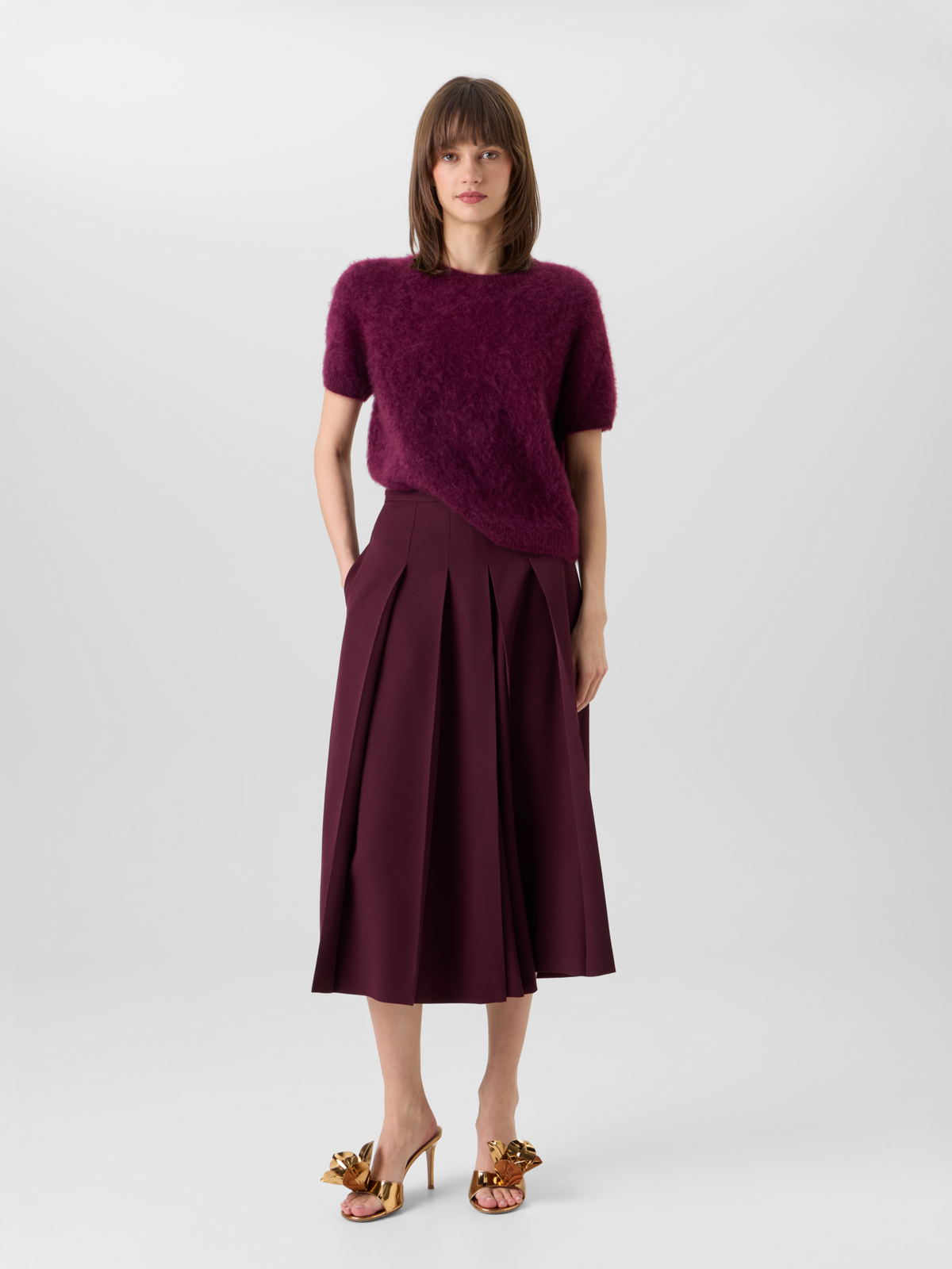 Designer Cloud Cashmere Knit Top with Short Sleeves - red - wine #editorial