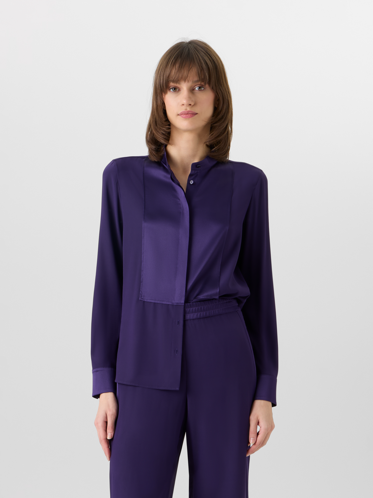 Designer Long-Sleeve Stretch-Silk Blouse - purple #editorial