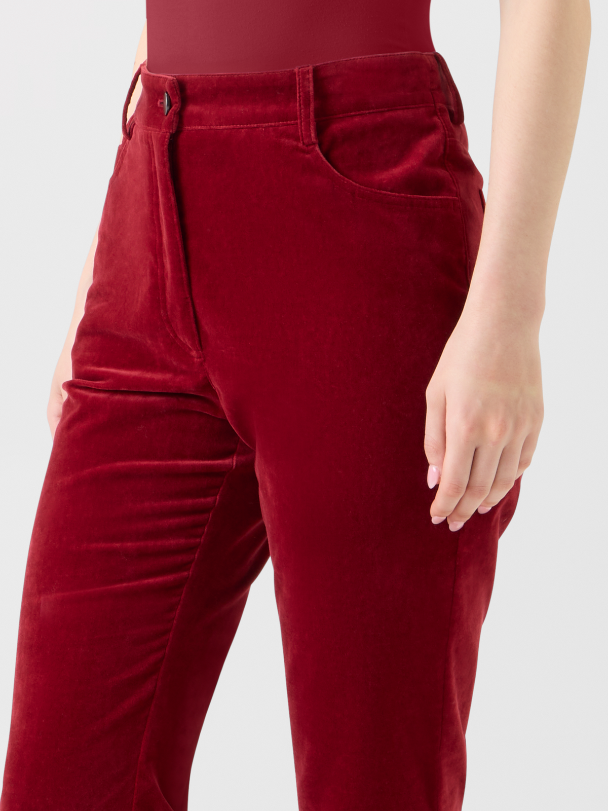 Designer Cropped Bootcut Stretch Cotton Velvet Pants - red #editorial