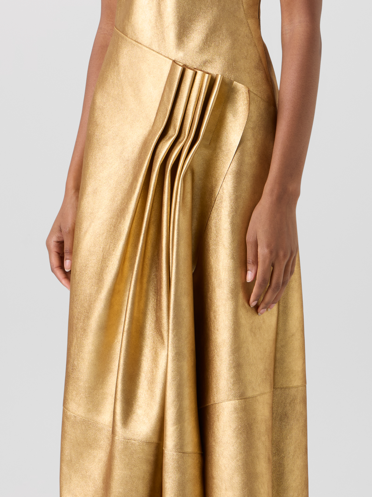 Designer Lamé Leather Bustier Gown with Front Draping - gold 