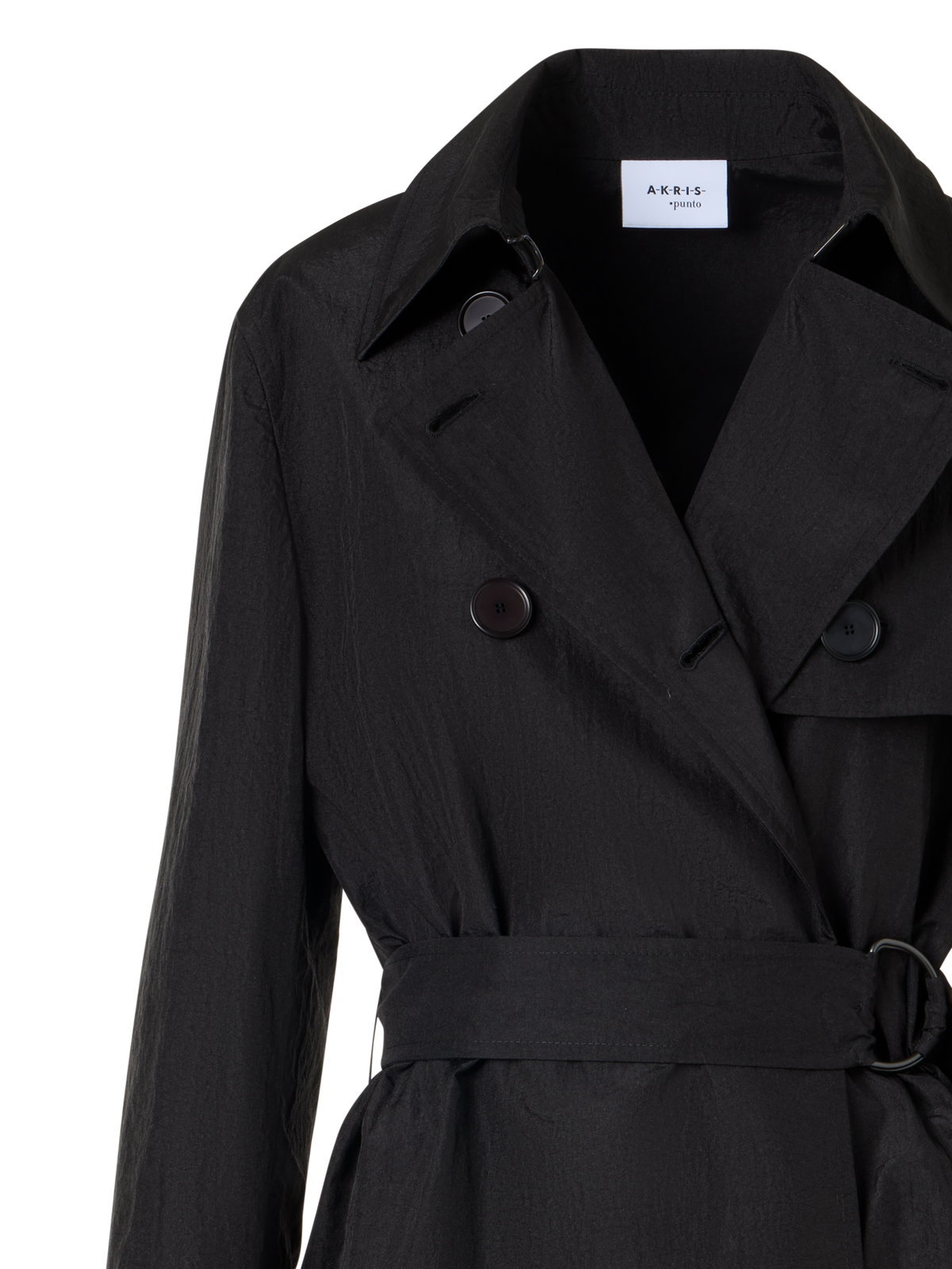 Designer Long-Sleeve Crinkled Parachute-Taffeta Long Trench Coat - black