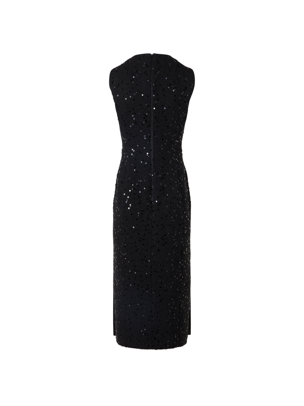 Designer Sleeveless Cotton-Wool Tweed Midi Sheath Dress with Sequins - black