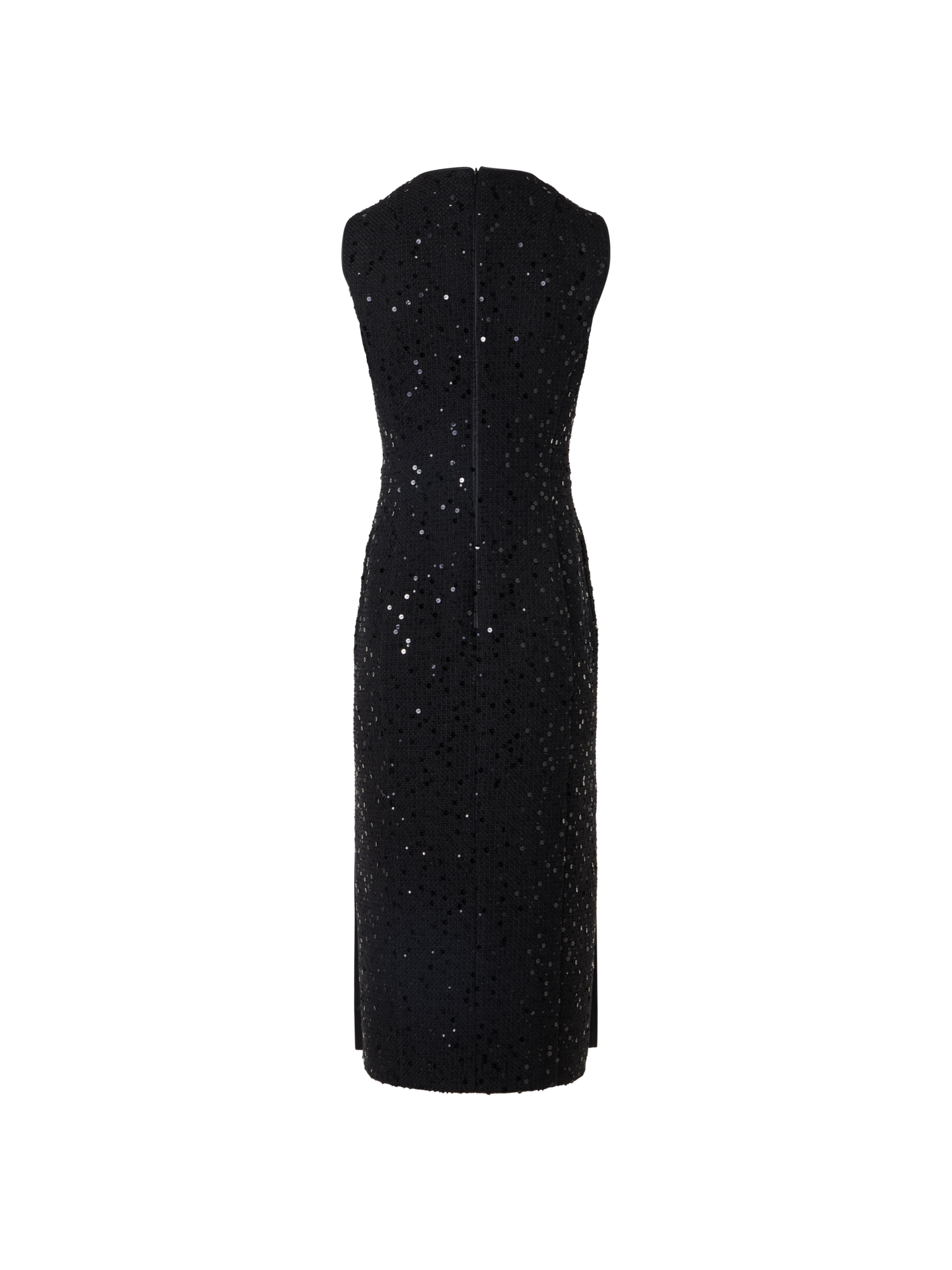 Designer Sleeveless Cotton-Wool Tweed Midi Sheath Dress with Sequins - black
