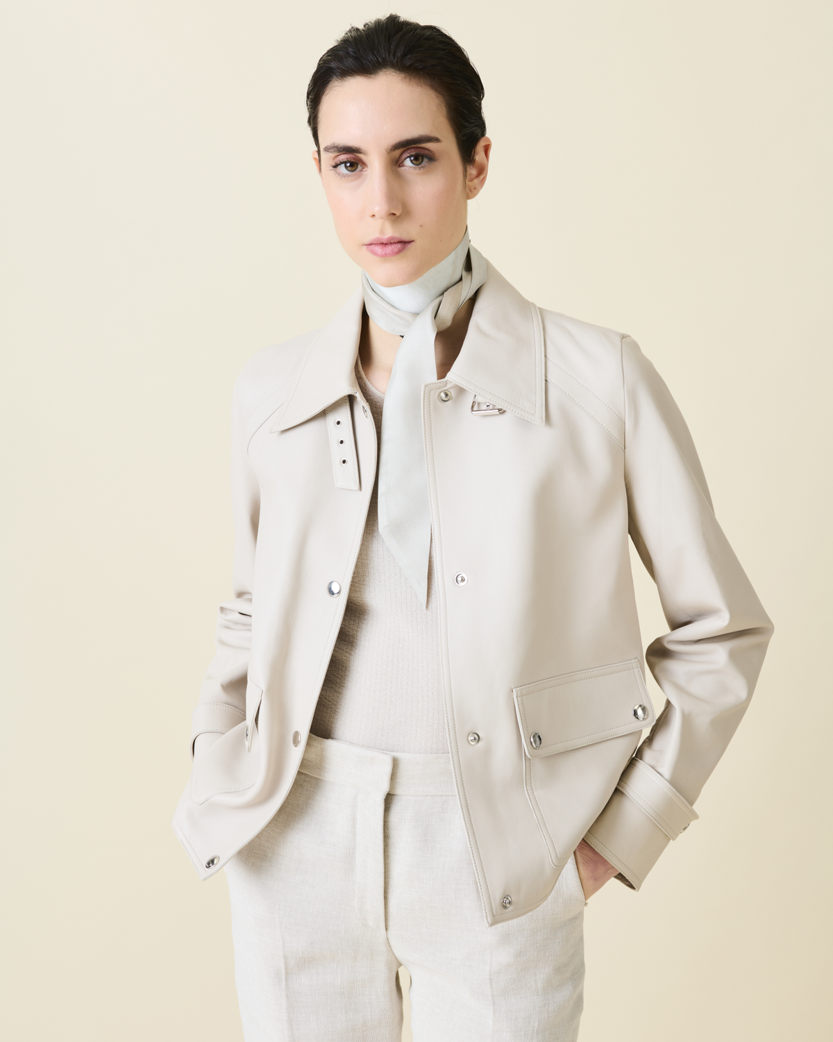 Designer Blouson Leather Jacket - neutral - grey - beige #editorial
