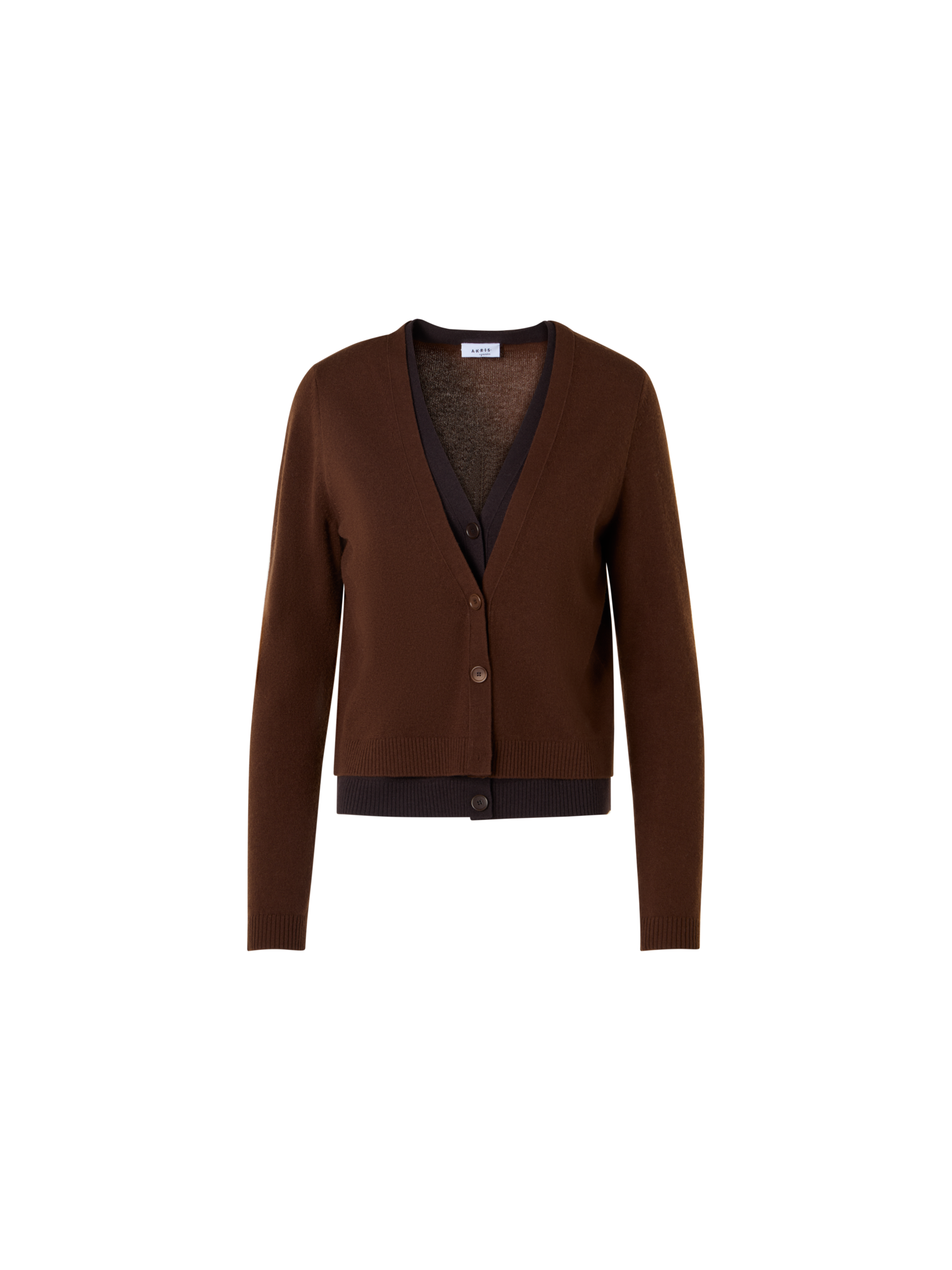 Designer Wool Cashmere Cardigan with V-Neck Trompe l'Oeil - brown