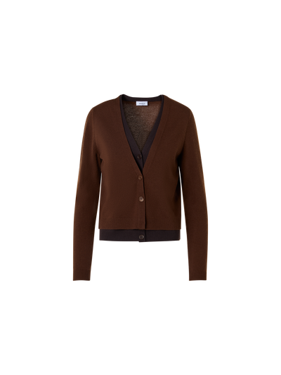 Designer Wool Cashmere Cardigan with V-Neck Trompe l'Oeil - brown