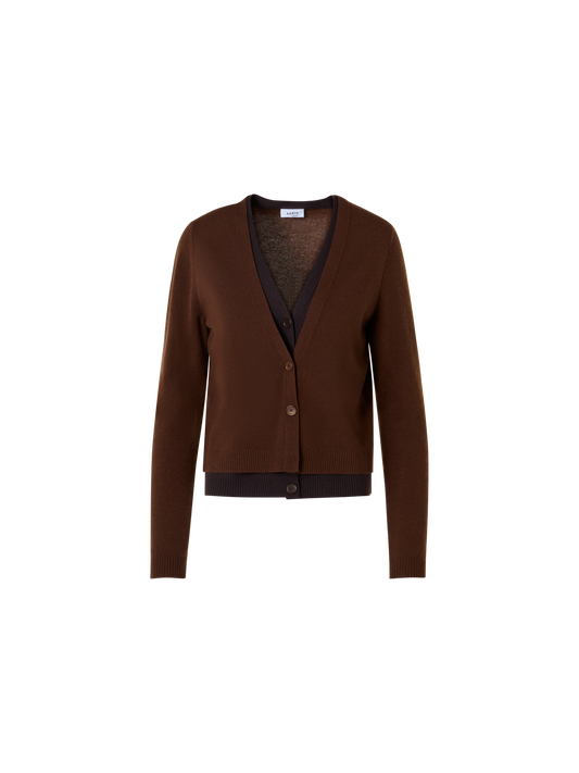 Designer Wool Cashmere Cardigan with V-Neck Trompe l'Oeil - brown