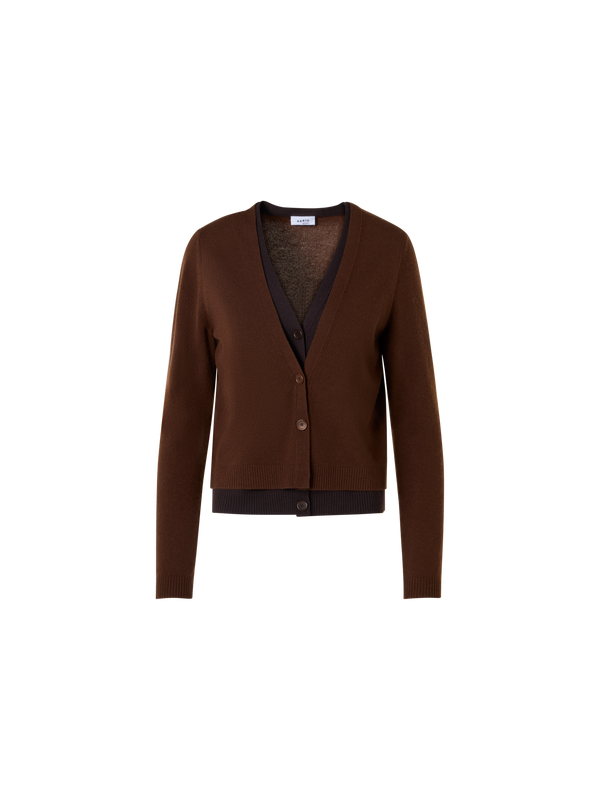 Designer Wool Cashmere Cardigan with V-Neck Trompe l'Oeil - brown