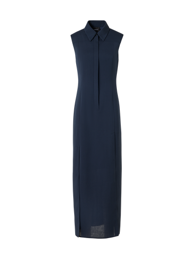 Designer Sleeveless Structured Cotton-Silk Double-Face Midi Shirt Dress - blue
