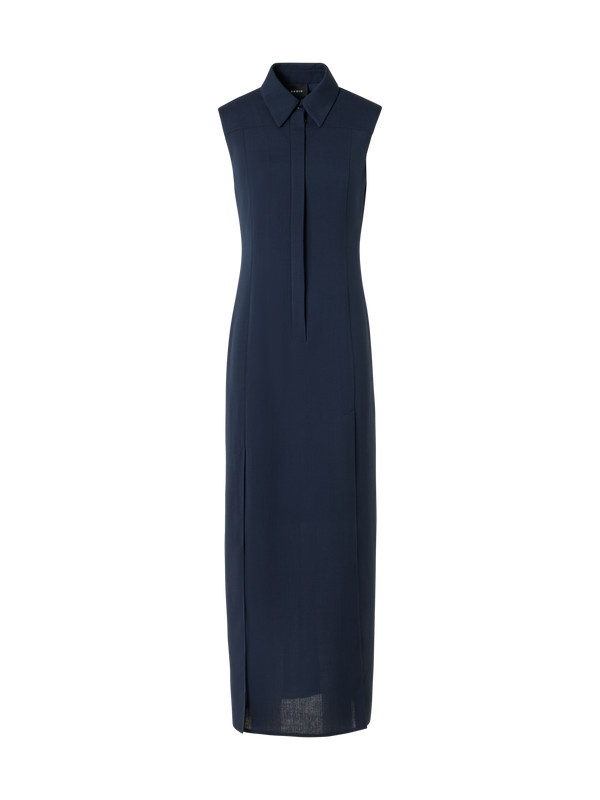 Designer Sleeveless Structured Cotton-Silk Double-Face Midi Shirt Dress - blue
