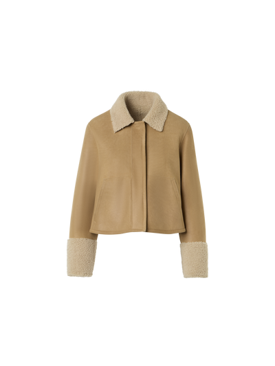 Designer Short Shearling Jacket with Fur Collar and Cuffs - beige