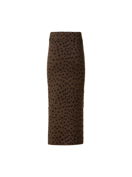 Designer Merino Wool Knit Tube Skirt in Leopard Jacquard - neutral - brown