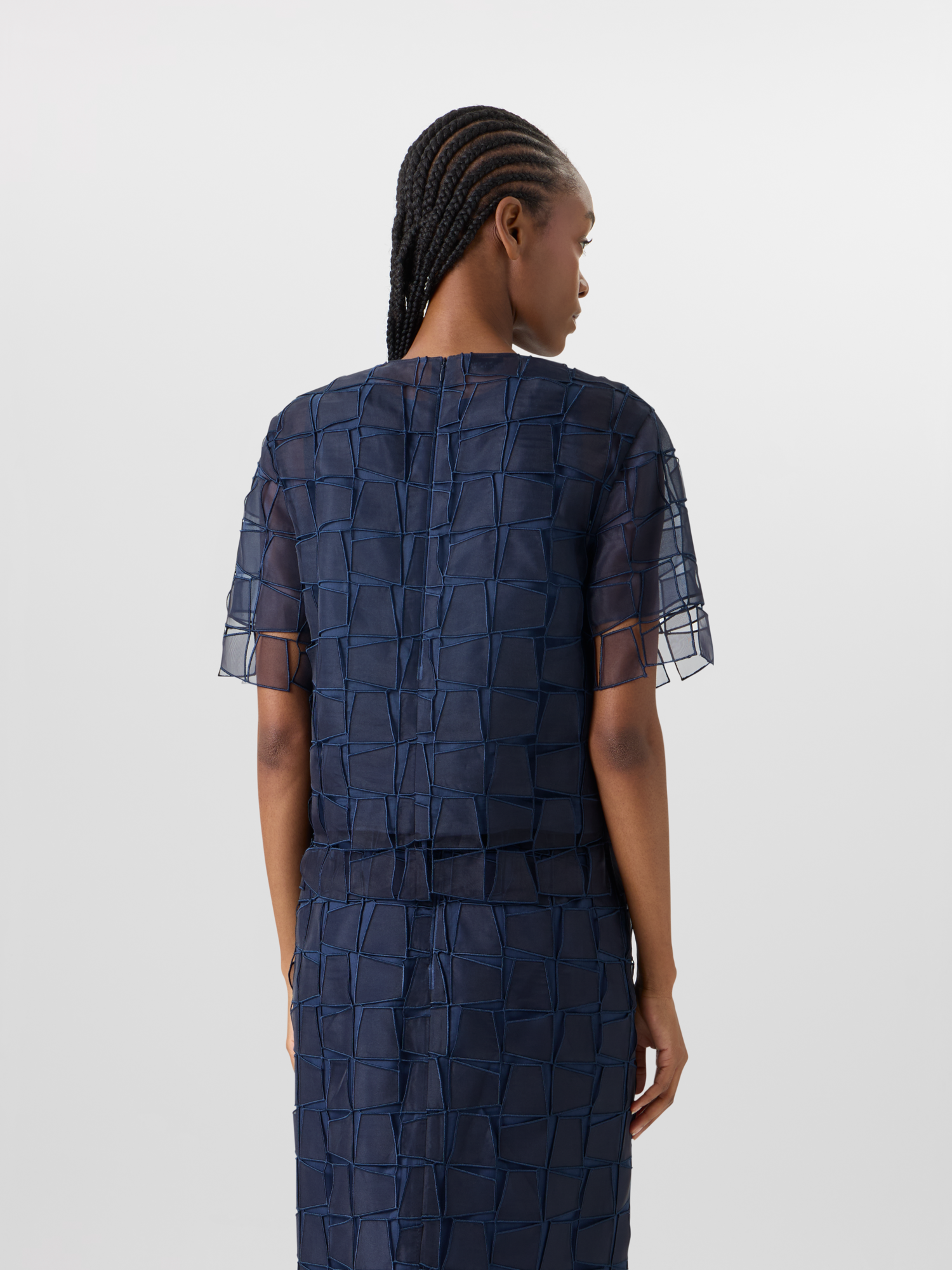 Designer Short-Sleeve Trapezoid Organza Blouse - navy 